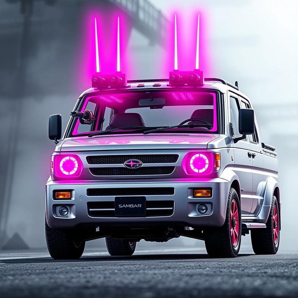 A sleek, silver 1997 Subaru Sambar kei truck featuring vibrant neon pink highlights, depicted in an action-ready stance