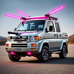 A sleek, silver 1997 Subaru Sambar kei truck featuring vibrant neon pink highlights, depicted in an action-ready stance