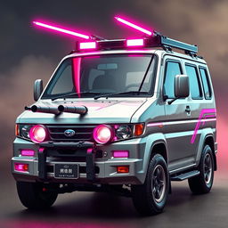 A sleek, silver 1997 Subaru Sambar kei truck featuring vibrant neon pink highlights, depicted in an action-ready stance