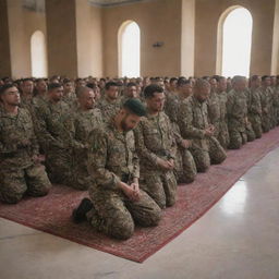 A sudden appearance of soldiers in uniform, respectfully watching the group of people praying together in the mosque.