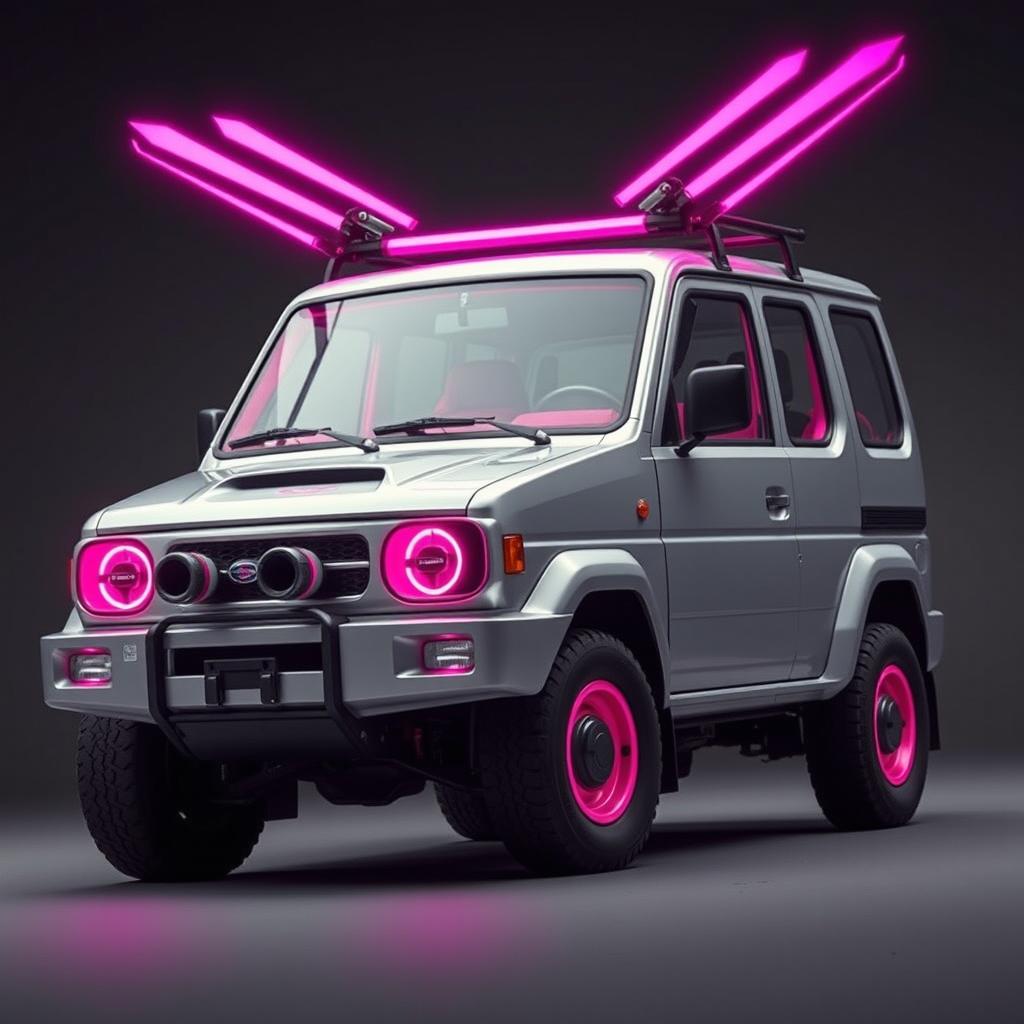 A sleek, silver 1997 Subaru Sambar kei truck featuring bright neon pink highlights, captured in a striking action pose