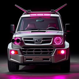 A sleek, silver 1997 Subaru Sambar kei truck featuring bright neon pink highlights, captured in a striking action pose