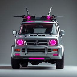 A sleek, silver 1997 Subaru Sambar kei truck featuring bright neon pink highlights, captured in a striking action pose