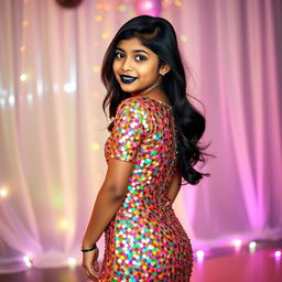 A confident Indian teenage girl, around 14 years old, posing in a stunning sequined party dress designed for young trendsetters