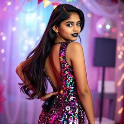 A confident Indian teenage girl, around 14 years old, posing in a stunning sequined party dress designed for young trendsetters