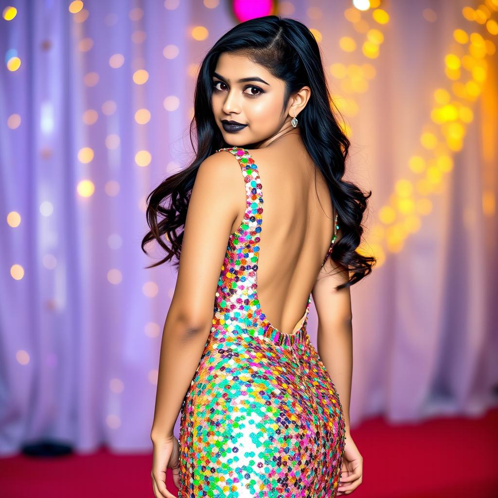 A confident Indian teenage girl, around 14 years old, posing in a stunning sequined party dress designed for young trendsetters