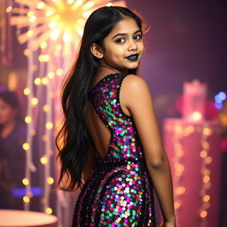 A confident Indian teenage girl, around 14 years old, posing in a stunning sequined party dress designed for young trendsetters