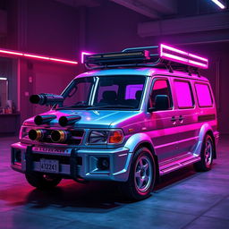 A sleek, silver 1997 Subaru Sambar kei truck featuring striking neon pink highlights, exemplifying a bold cyberpunk aesthetic