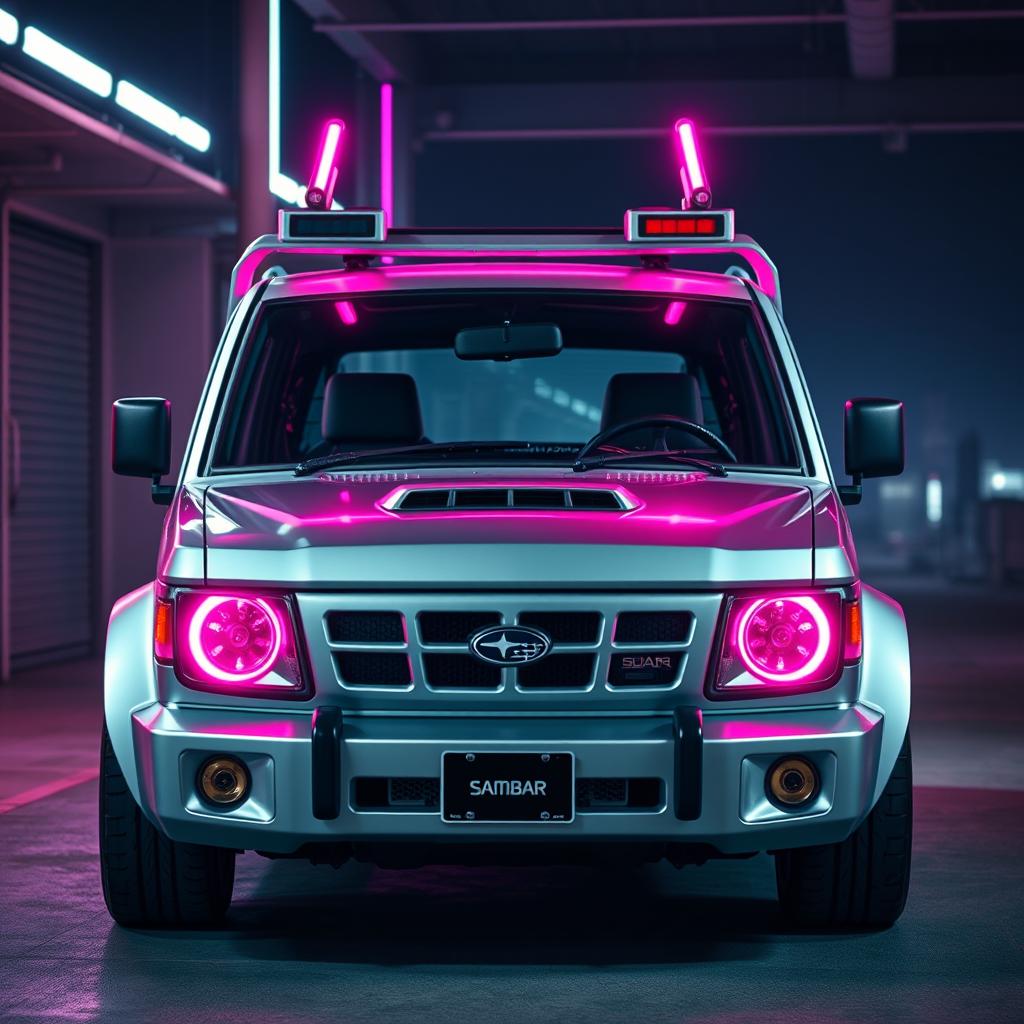 A sleek, silver 1997 Subaru Sambar kei truck featuring striking neon pink highlights, exemplifying a bold cyberpunk aesthetic