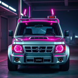 A sleek, silver 1997 Subaru Sambar kei truck featuring striking neon pink highlights, exemplifying a bold cyberpunk aesthetic