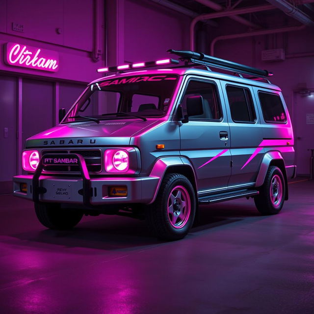 A sleek, silver 1997 Subaru Sambar kei truck featuring striking neon pink highlights, exemplifying a bold cyberpunk aesthetic