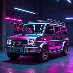 A sleek, silver 1997 Subaru Sambar kei truck featuring striking neon pink highlights, exemplifying a bold cyberpunk aesthetic