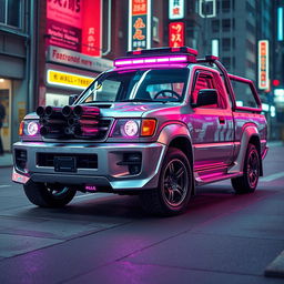 A sleek, silver 1997 Subaru kei truck accented with vibrant neon pink highlights, showcasing a striking cyberpunk style