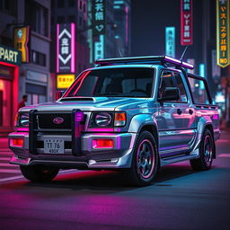 A sleek, silver 1997 Subaru kei truck accented with vibrant neon pink highlights, showcasing a striking cyberpunk style