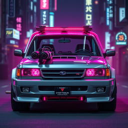 A sleek, silver 1997 Subaru kei truck accented with vibrant neon pink highlights, showcasing a striking cyberpunk style