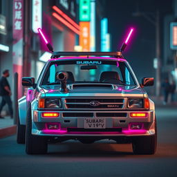 A sleek, silver 1997 Subaru kei truck accented with vibrant neon pink highlights, showcasing a striking cyberpunk style