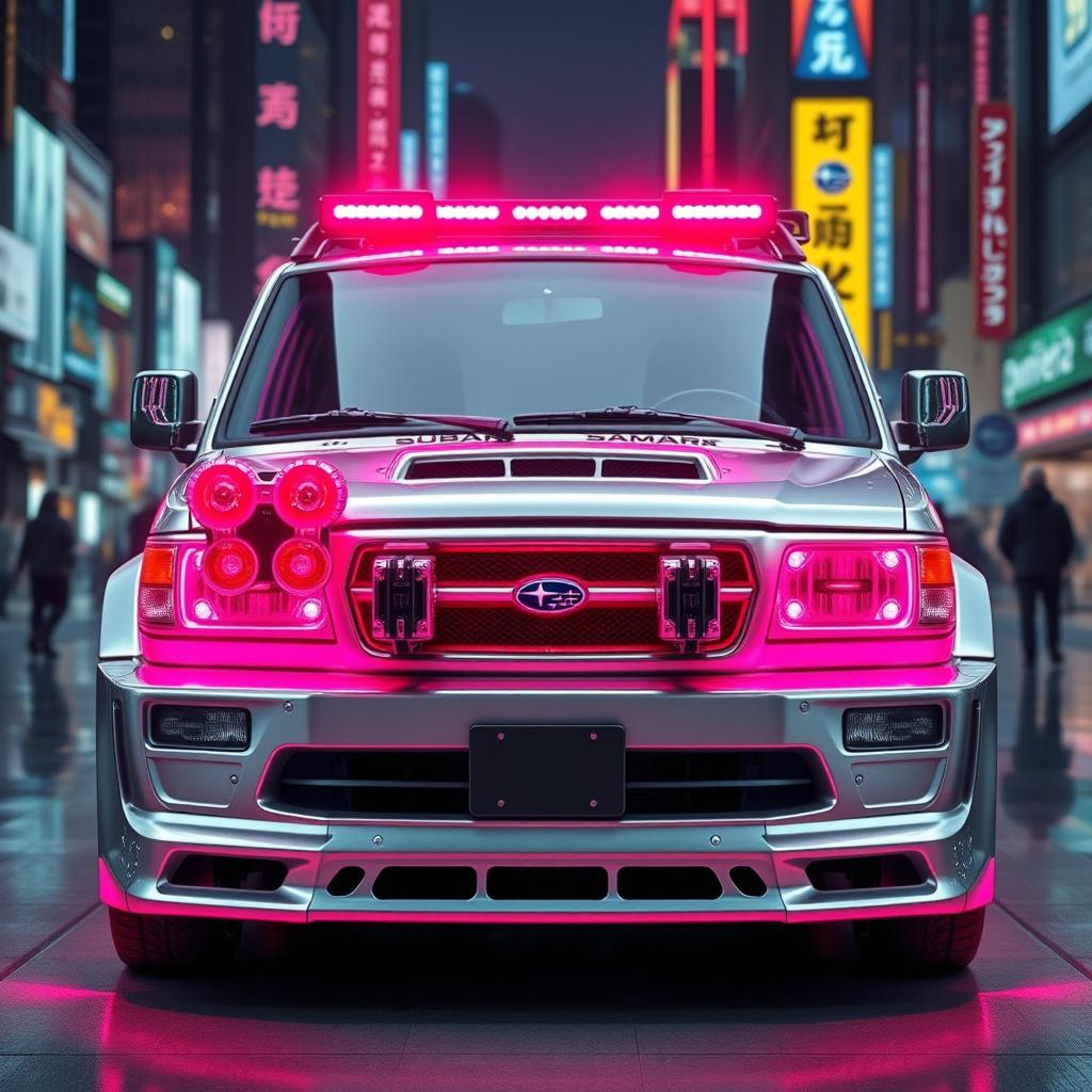 A sleek, silver 1997 Subaru Sambar with vibrant neon pink highlights, embodying a striking cyberpunk style