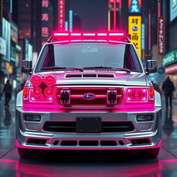 A sleek, silver 1997 Subaru Sambar with vibrant neon pink highlights, embodying a striking cyberpunk style