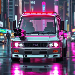 A sleek, silver 1997 Subaru Sambar with vibrant neon pink highlights, embodying a striking cyberpunk style