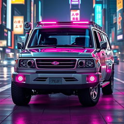 A sleek, silver 1997 Subaru Sambar with vibrant neon pink highlights, embodying a striking cyberpunk style