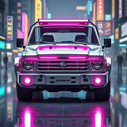 A sleek, silver 1997 Subaru Sambar with vibrant neon pink highlights, embodying a striking cyberpunk style