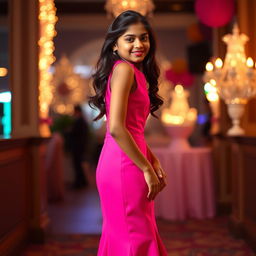 A lovely Indian teenage girl, approximately 14 years old, striking a pose in a gorgeous fitted A-line full-length prom dress from Finelylove