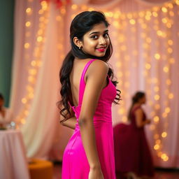 A lovely Indian teenage girl, approximately 14 years old, striking a pose in a gorgeous fitted A-line full-length prom dress from Finelylove