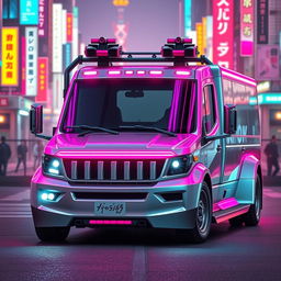 A sleek, silver Japanese kei truck adorned with vibrant neon pink highlights, perfectly encapsulating a striking cyberpunk style