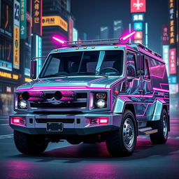 A sleek, silver Japanese kei truck adorned with vibrant neon pink highlights, perfectly encapsulating a striking cyberpunk style