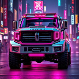 A sleek, silver Japanese kei truck adorned with vibrant neon pink highlights, perfectly encapsulating a striking cyberpunk style