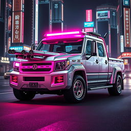 A sleek, silver Japanese kei truck adorned with vibrant neon pink highlights, perfectly encapsulating a striking cyberpunk style