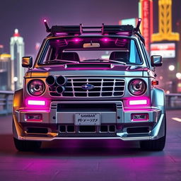 A sleek, silver 1997 Subaru Sambar Japanese kei truck with eye-catching neon pink highlights, epitomizing a bold cyberpunk style