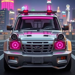 A sleek, silver 1997 Subaru Sambar Japanese kei truck with eye-catching neon pink highlights, epitomizing a bold cyberpunk style