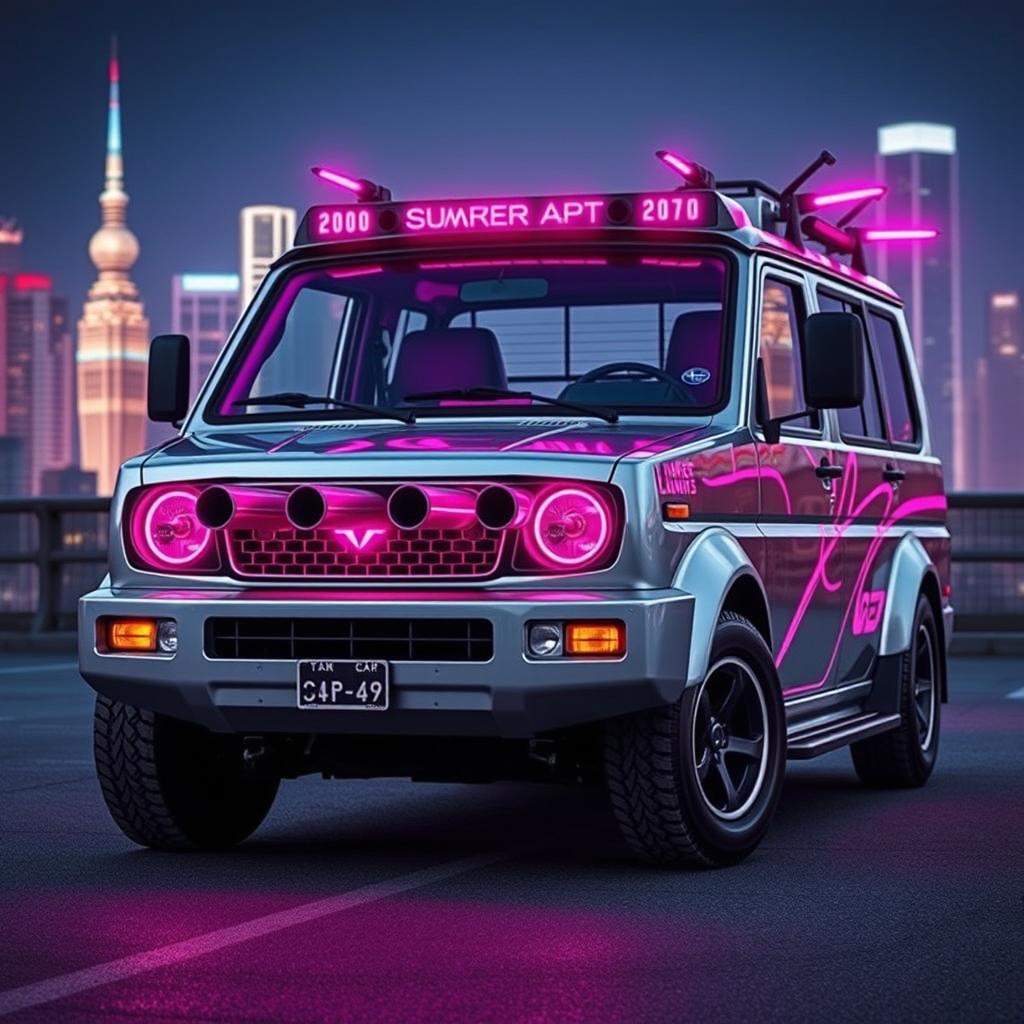 A sleek, silver 1997 Subaru Sambar Japanese kei truck with eye-catching neon pink highlights, epitomizing a bold cyberpunk style