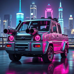 A sleek, silver 1997 Subaru Sambar Japanese kei truck with eye-catching neon pink highlights, epitomizing a bold cyberpunk style