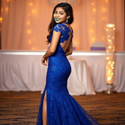 An elegant Indian teenage girl, around 14 years old, posing gracefully in a luxurious royal blue lace prom dress