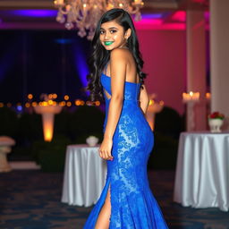 An elegant Indian teenage girl, around 14 years old, posing gracefully in a luxurious royal blue lace prom dress