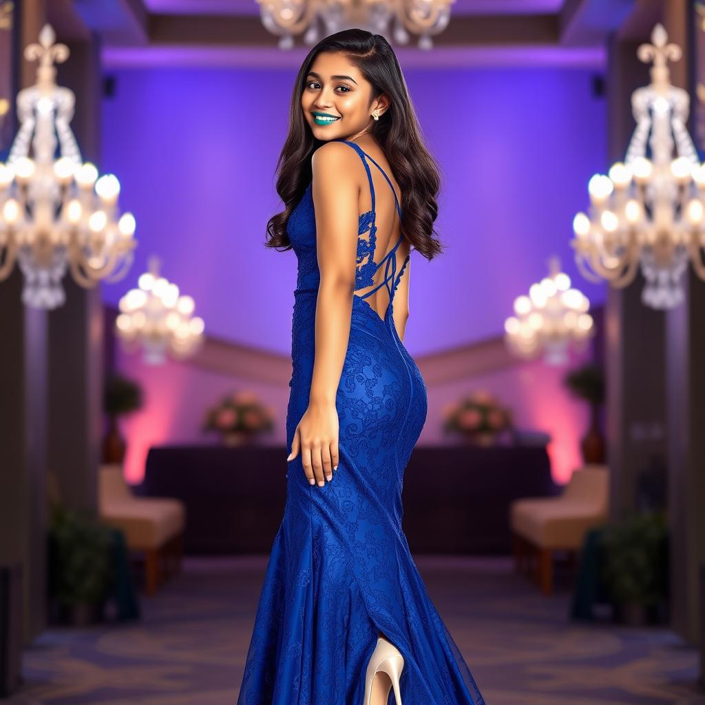 An elegant Indian teenage girl, around 14 years old, posing gracefully in a luxurious royal blue lace prom dress