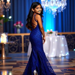 An elegant Indian teenage girl, around 14 years old, posing gracefully in a luxurious royal blue lace prom dress