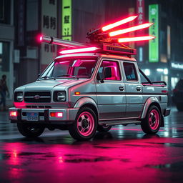 A sleek and shiny silver 1997 Subaru Sambar Japanese kei truck adorned with vibrant neon pink highlights