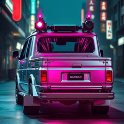 A sleek and shiny silver 1997 Subaru Sambar Japanese kei truck viewed from the rear side, featuring vibrant neon pink highlights