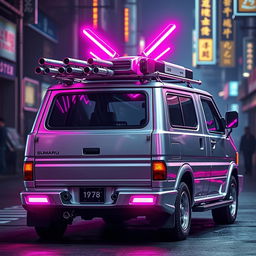 A sleek and shiny silver 1997 Subaru Sambar Japanese kei truck viewed from the rear side, featuring vibrant neon pink highlights