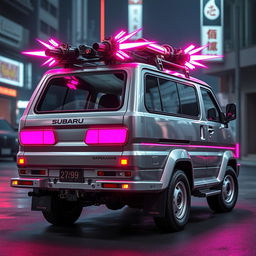 A sleek and shiny silver 1997 Subaru Sambar Japanese kei truck viewed from the rear side, featuring vibrant neon pink highlights