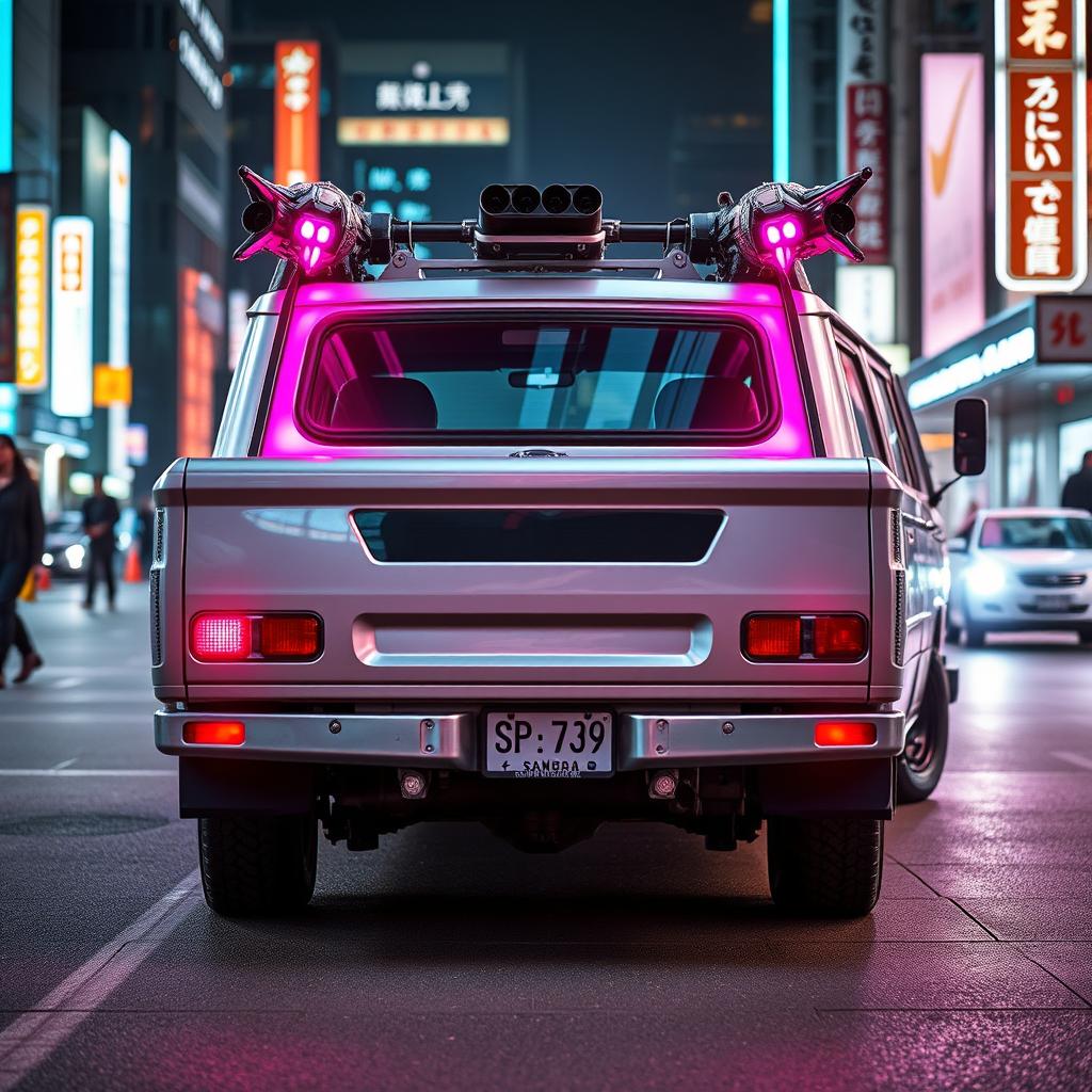 A sleek and shiny silver 1997 Subaru Sambar Japanese kei truck viewed from the rear side, featuring vibrant neon pink highlights