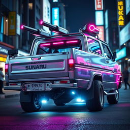 A sleek and shiny silver 1997 Subaru Sambar Japanese kei truck viewed from the rear side, featuring vibrant neon pink highlights