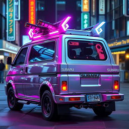 A sleek and shiny silver 1997 Subaru Sambar Japanese kei truck viewed from the rear side, featuring vibrant neon pink highlights