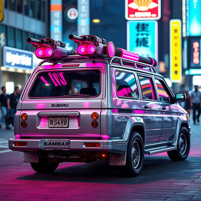 A sleek and shiny silver 1997 Subaru Sambar Japanese kei truck viewed from the rear side, featuring vibrant neon pink highlights