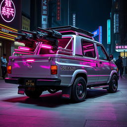 A sleek and shiny silver 1997 Subaru Sambar Japanese kei truck viewed from the rear side, featuring vibrant neon pink highlights