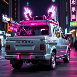 A sleek and shiny silver 1997 Subaru Sambar Japanese kei truck viewed from the rear side, featuring vibrant neon pink highlights