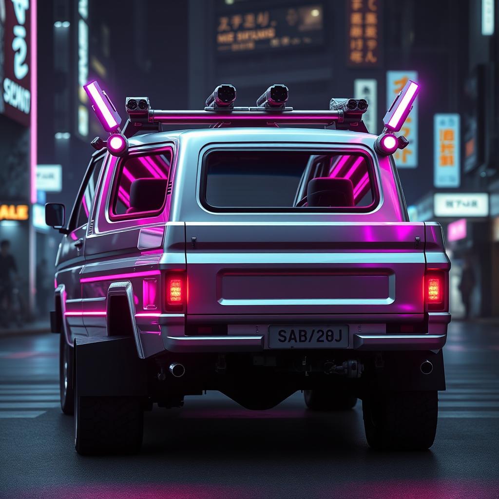 A sleek and shiny silver 1997 Subaru Sambar Japanese kei truck viewed from the rear side, featuring vibrant neon pink highlights